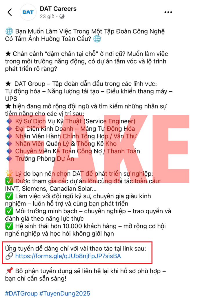 Cảnh báo giả mạo DAT Group