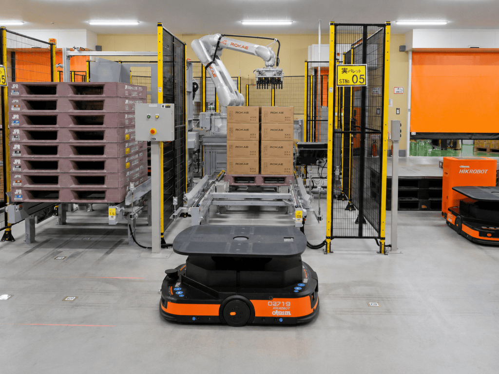 Hệ thống xếp pallet tự động gồm những gì? Cách chọn cấu hình cho nhà máy 2 he thong palletizing tich hop agv amr he thong xep pallet tu dong gom nhung gi cach chon cau hinh cho nha may Hệ thống xếp pallet tự động gồm những gì? Cách chọn cấu hình cho nhà máy