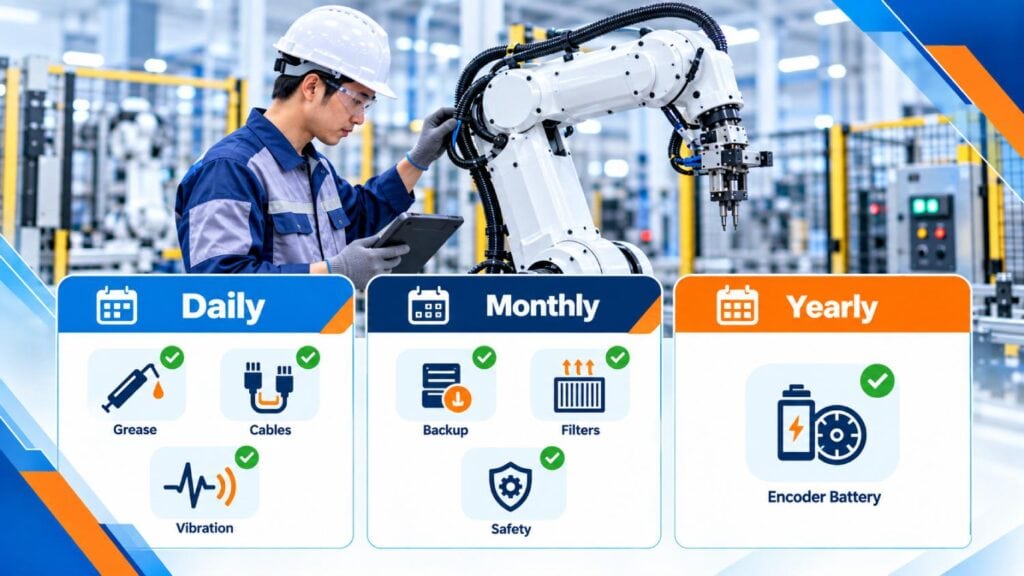 Bảo trì robot công nghiệp: Quy trình và lịch kiểm tra 2 robot tối ưu uptime