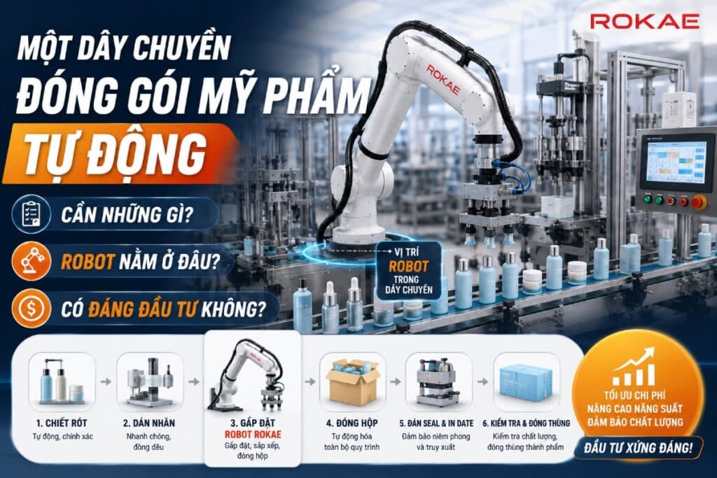 Một dây chuyền đóng gói mỹ phẩm tự động cần những gì? Robot nằm ở đâu? Có đáng đầu tư không? 1 dây chuyền đóng gói mỹ phẩm tự động