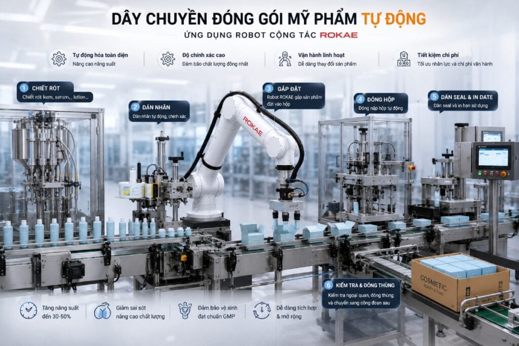 Một dây chuyền đóng gói mỹ phẩm tự động cần những gì? Robot nằm ở đâu? Có đáng đầu tư không? 2 1 dây chuyền đóng gói mỹ phẩm tự động