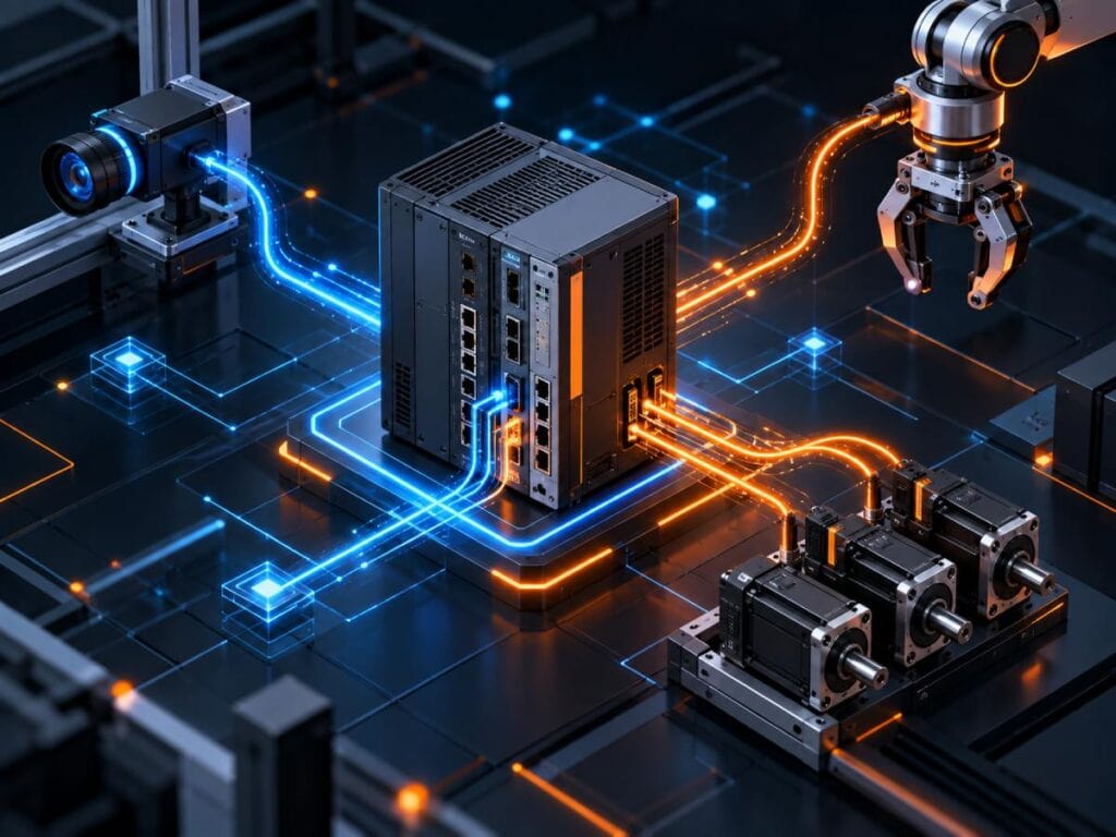 Bộ điều khiển robot (Robot Controller): Thành phần và nguyên lý 2 Mô phỏng tủ điều khiển là trái tim luân chuyển thông tin của toàn bộ dây chuyền.