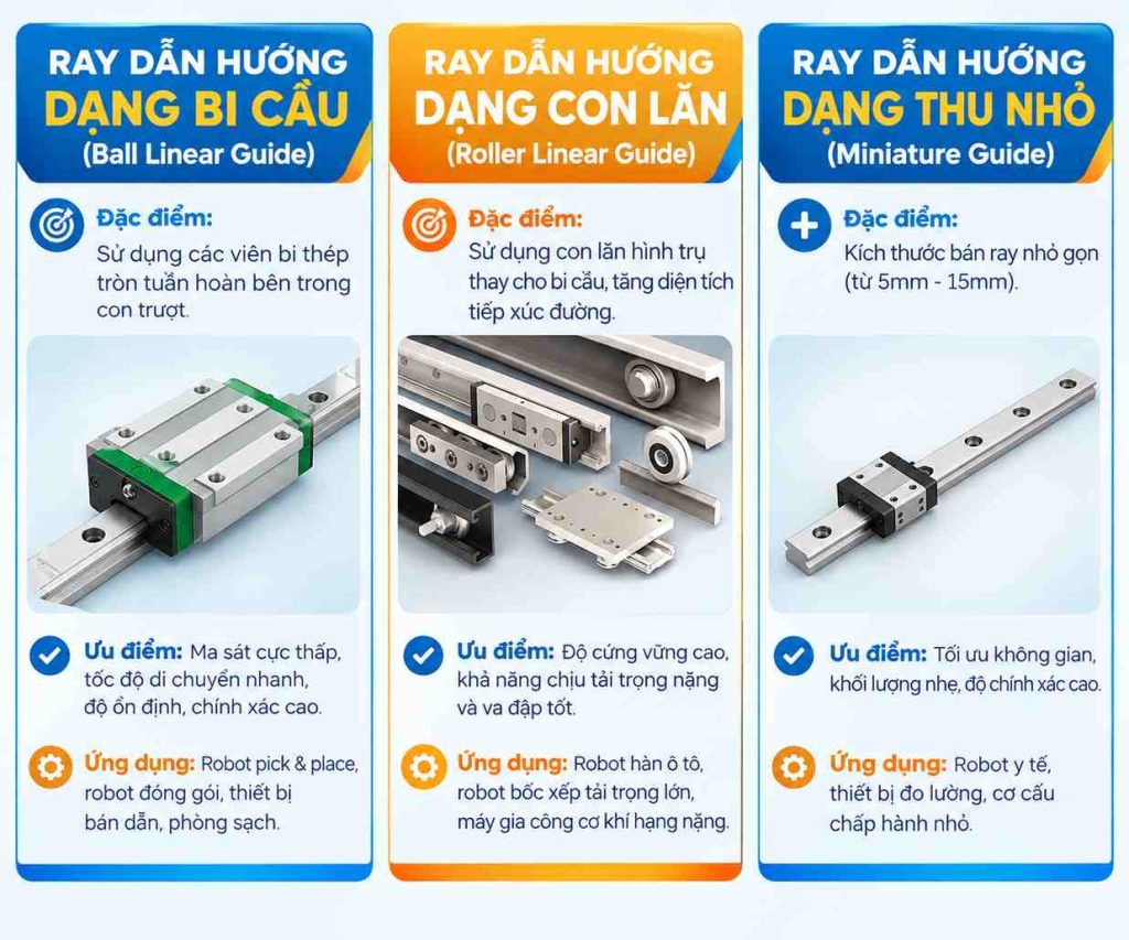 Đường ray dẫn hướng robot tối ưu độ chính xác và tải trọng 2 so sanh 3 dang ray dan huong duong ray dan huong robot giai phap toi uu do chinh xac va tai trong cho he thong tu dong hoa Đường ray dẫn hướng robot tối ưu độ chính xác và tải trọng